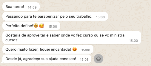 Depoimento real por WhatsApp (dados pessoais ocultos)